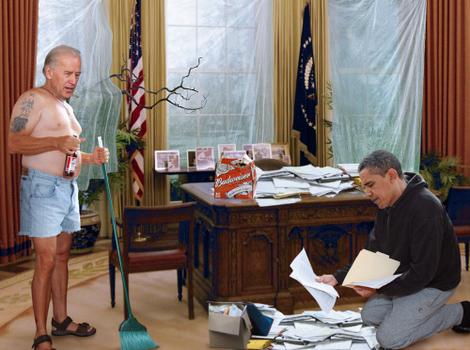 Joe Biden, 67, helps Obama sort through personal documents in the remains of his home office.